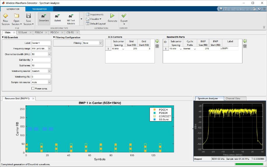 A screenshot of the Wireless Waveform Generate app customizing and generating custom 5G downlink waveforms.