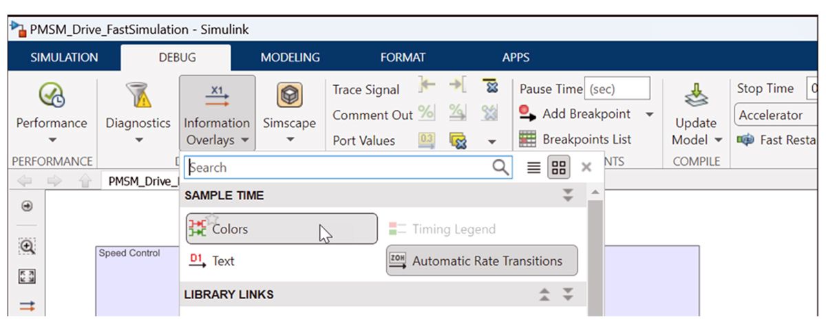 Screenshot of a Simulink model window with the Debug tab active. The Information Overlays menu is open, showing a search box.