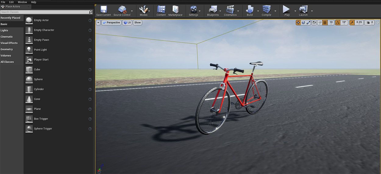 Screenshot of a 3D scene in the Unreal Editor showing a bicycle.
