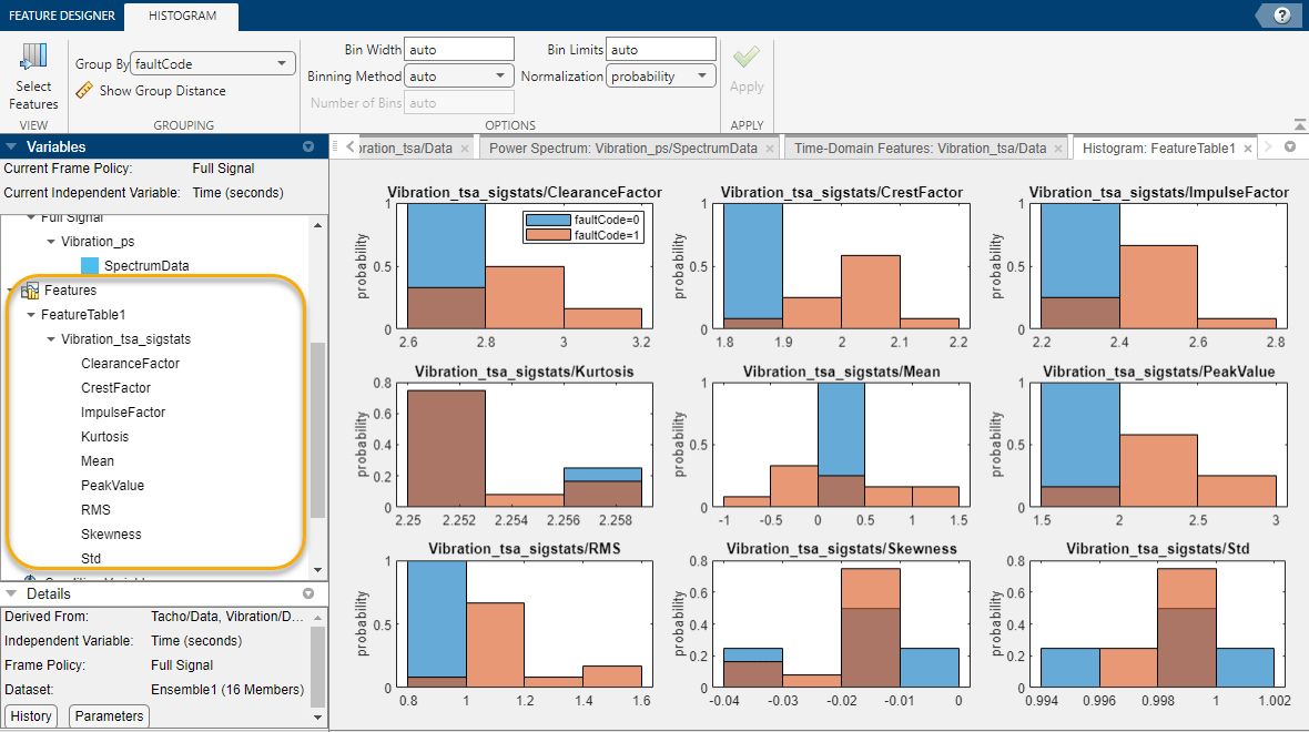 Captura de pantalla del histograma del Diagnostic Feature Designer.