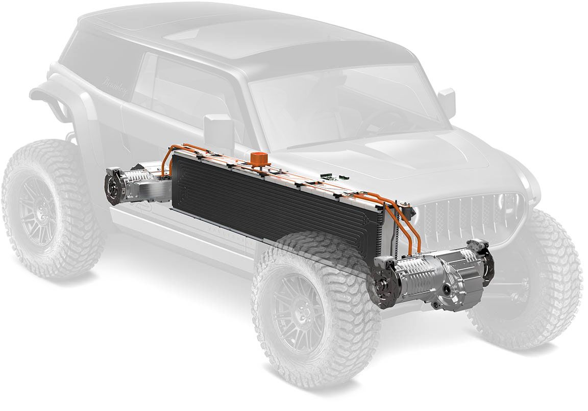 Imagen transparente del modelo de UTV Brawley que muestra el sistema de propulsión.