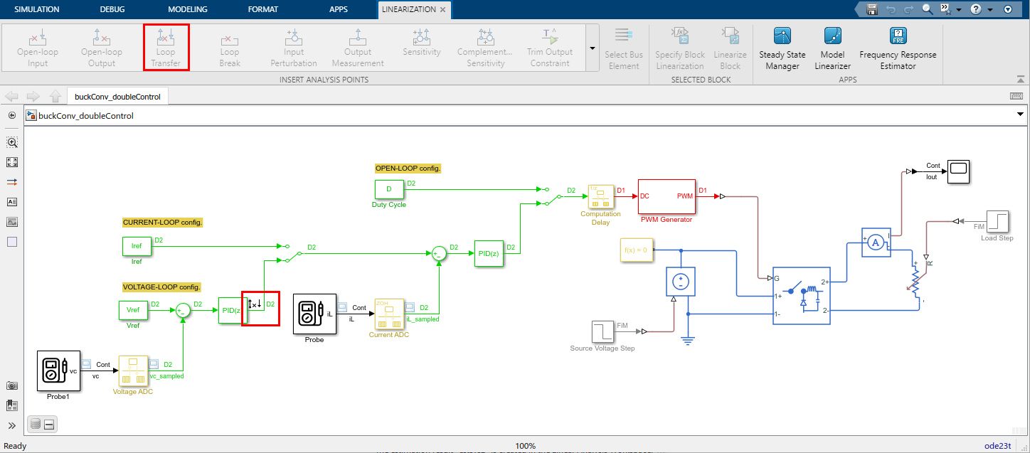 Figure 14. Left: loop transfer at the output of the outer-loop Discrete P I D Controller block added from the Linearization Manager toolstrip.  Right: open-loop Bode plot verifying the stability margins of the outer voltage loop.