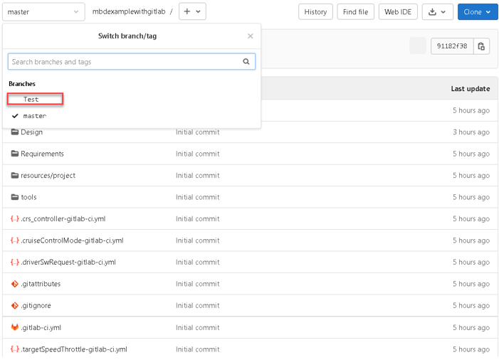 GitLab repository showing a user switching to the Test branch.