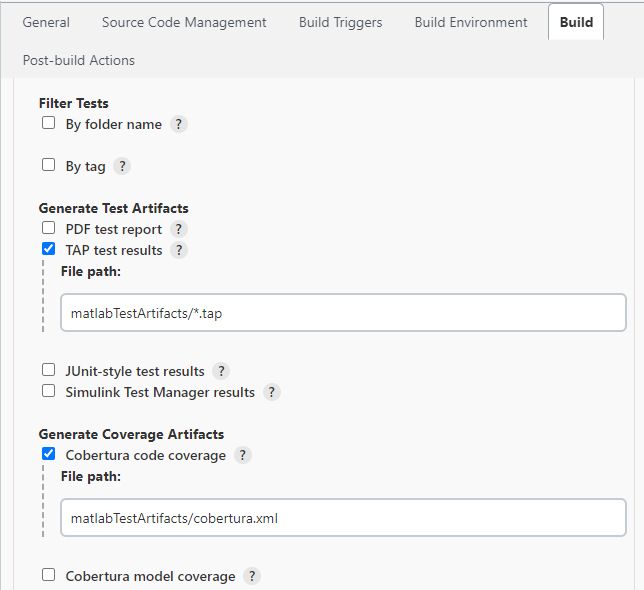 Another screenshot of the Build tab. Under ‘Generate Test Artifacts’, T A P test results is filled in with a form for the path. Under ‘Generate Coverage Artifacts’, Cobertura code coverage is selected with a form for the path.