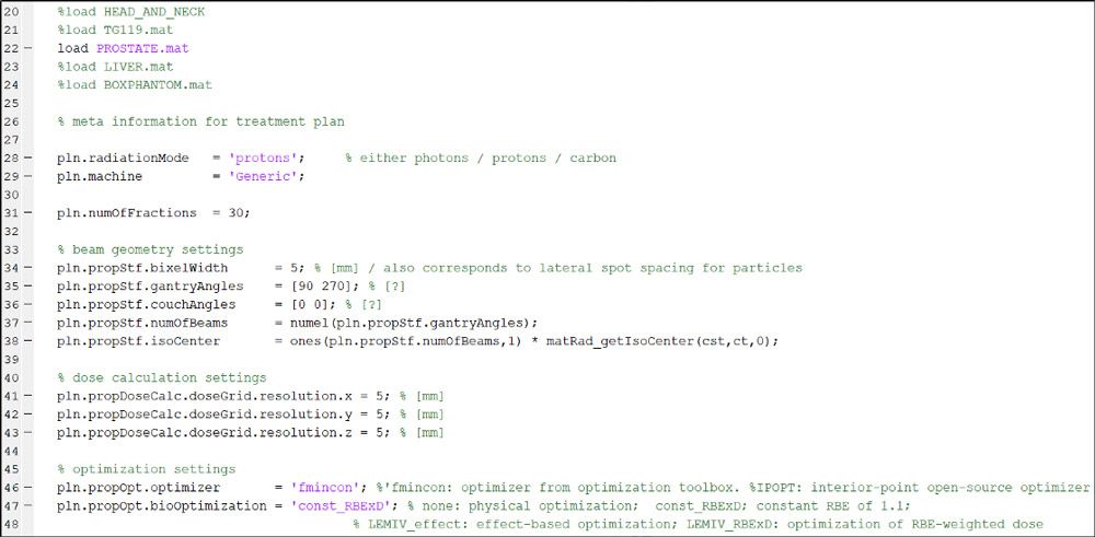 Figure 2. A segment of the matRad script for setting the treatment plan parameters used for the plan displayed in Figure 1. 