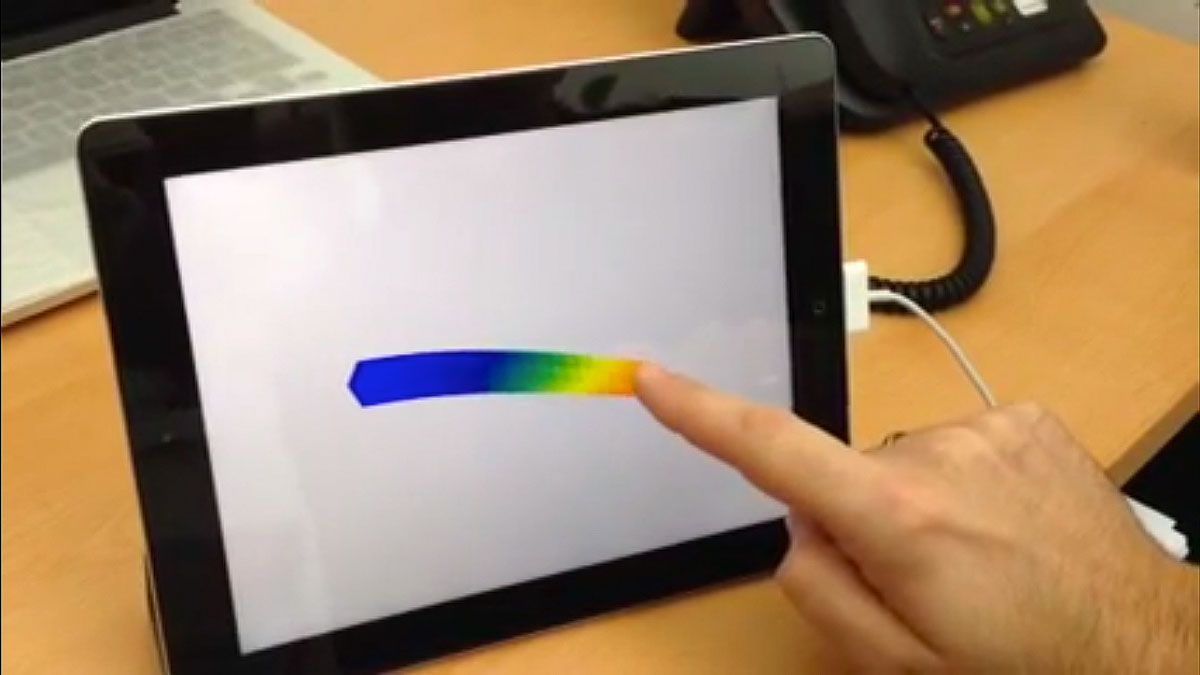 Figure 3.  Interactive iPad app simulating a cantilever beam bending in response to a load applied at the point where the user’s finger contacts the screen.