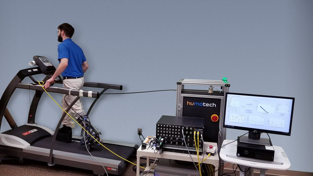 Testing a newly installed Caplex system, complete with PRO-002 Ankle-Foot Prosthesis and off-board actuation, control, and user interface, at the Minneapolis VA MADE Program.