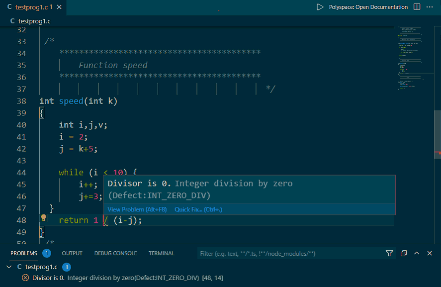 Detección de errores de codificación con el complemento Polyspace as You Code en Visual Studio Code.