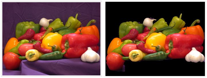 Screenshot showing a side-by-side comparison of an original image of vegetables on a purple cloth and a processed image with the cloth (background) removed.