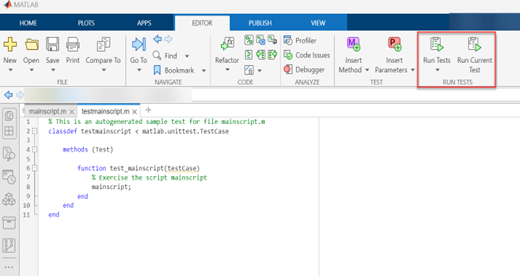 Screenshot of the MATLAB Editor tool strip showing the Run Tests and Run Current Test icons.