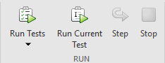 Sección Run de la barra de herramientas de MATLAB Editor que muestra los iconos de Run Tests, Run Current Test, Step y Stop.