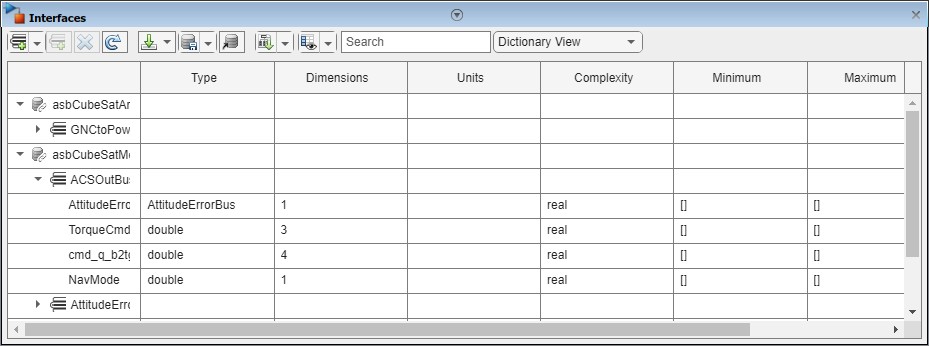 System Composer Interface Editor with asbCubeSatModelData.sld > ACSOutBus selected.