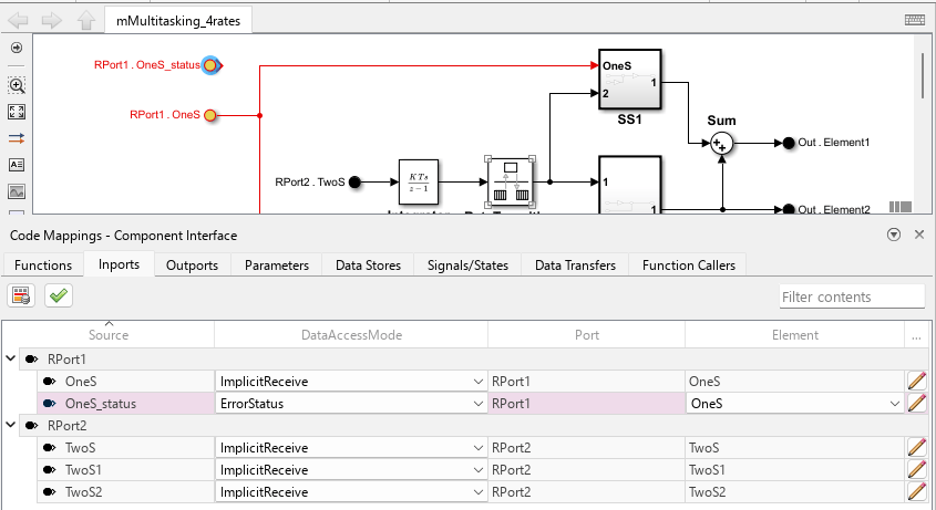 Bus element port RPort1.OneS_status is visible in the mMultitasking_4rates model and the Code Mappings editor is open. RPort1.OneS_status is selected in the Code Mappings Editor with DataAccessMode ErrorStatus.