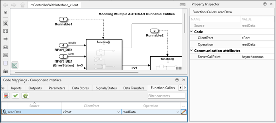 mControllerWithInterface_client model. Property Inspector and Code Mappings editor are open. In the Code Mappings editor the Function Callers tab is open and function caller readData is selected. In the Property Inspector communication attribute ServerCallPoint is set to Asynchronous.