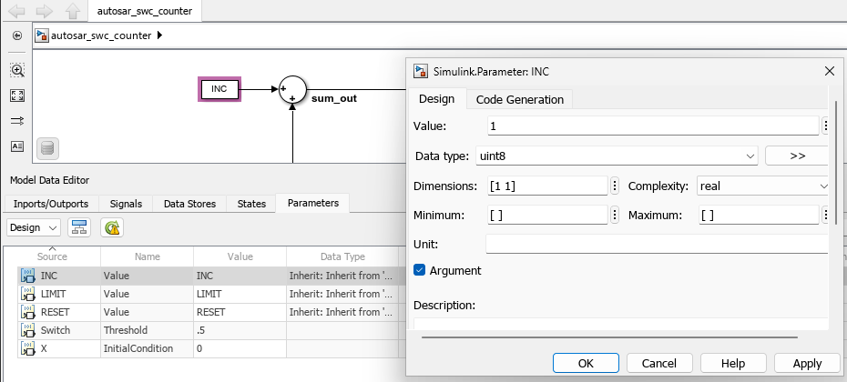 Simulink.Parameter INC dialog box is open and Argument is selected.