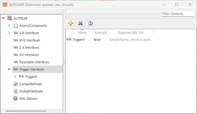 Trigger Interfaces view of AUTOSAR Dictionary.