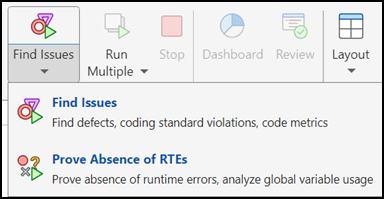Toolstrip menu options to run static analysis