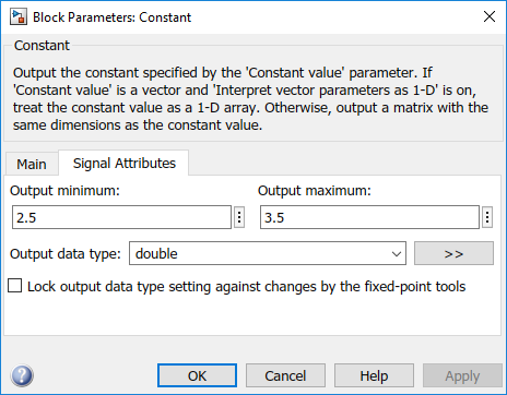 The Signal Attributes tab on the Block Parameters window. On this tab, you can specify values for 'Output minimum' and 'Output maximum'.