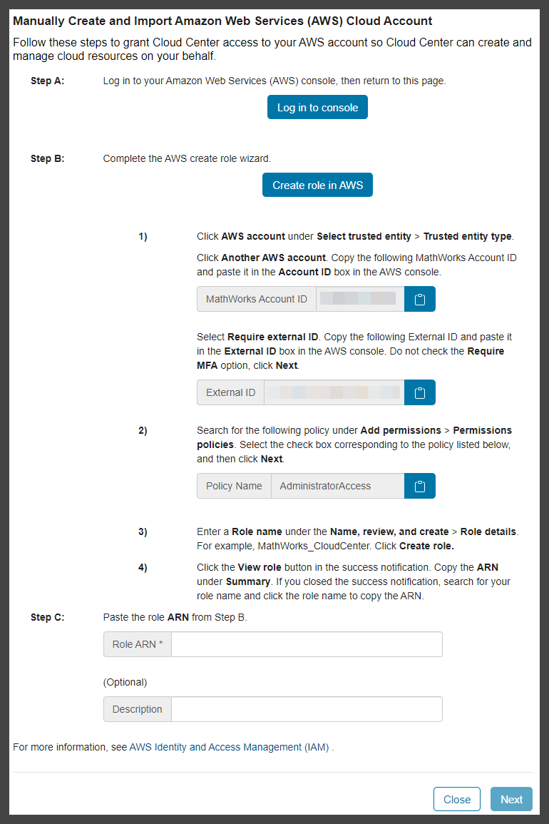 Guided steps to grant Cloud Center access to your AWS account.