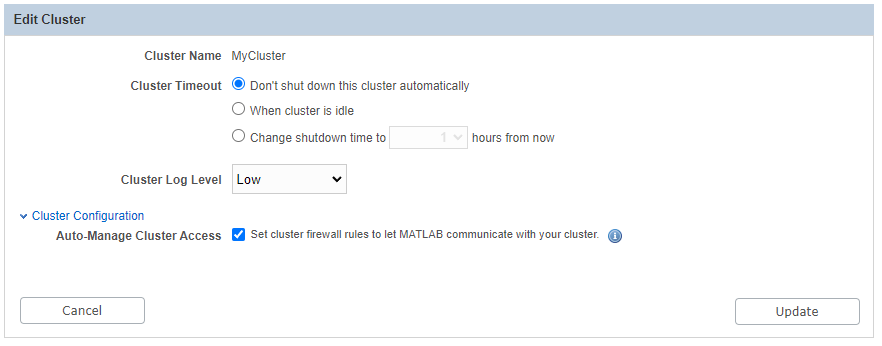 Edit Cluster window. The fields Cluster Timeout, Cluster Log Level and Auto-Manage Cluster Access are shown.