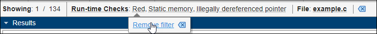Hovering over a filter shows an option to remove the filter.