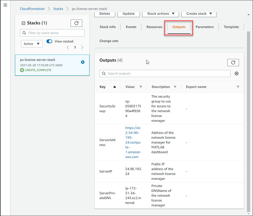 AWS license server stack output tab