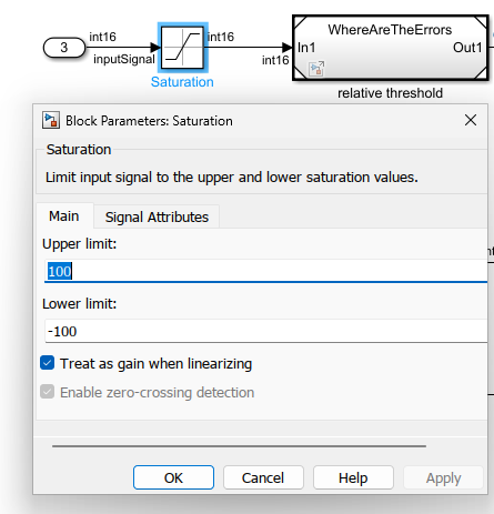 Model showing a saturation block between the inputSignal and the referenced model, with Upper limit set to 100 and lower limit set to -100.