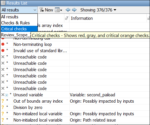 Dropdown showing critical checks