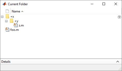 Image of current folder showing the files z.m and foo.m with respect to the namespaces x and y.