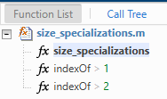Function List in the Code Generation Report, showing 2 specializations of the indexOf function