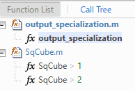 Function List in the Code Generation Report, showing 2 specializations of the SqCube function