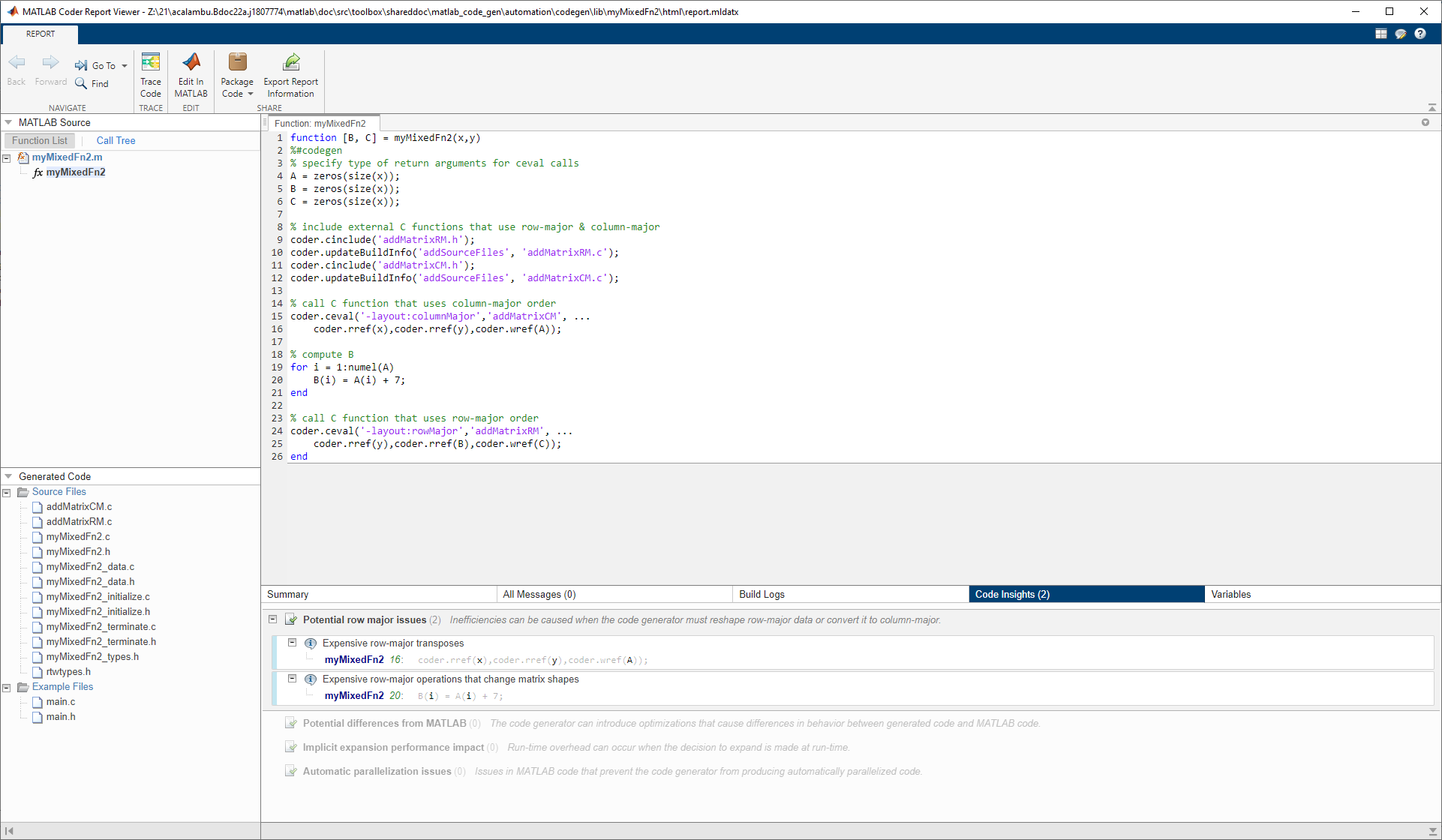 This image shows the code generation report for myMixedFn2. It displays the highlighted issues at the bottom of the report.