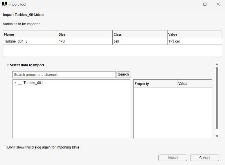Import Tool showing a table with columns to view the name, size, class, and value of the selected TDMS file