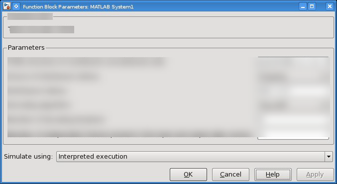 MATLAB System block mask with the Interpreted execution option selected