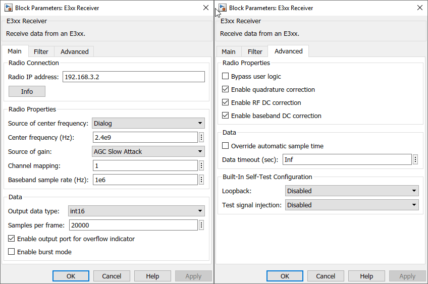 Block parameters: E3xx receiver window with main tab selected on the left and advanced tab selected on the right. The radio properties are on the main tab and data timeout is on the advanced tab.