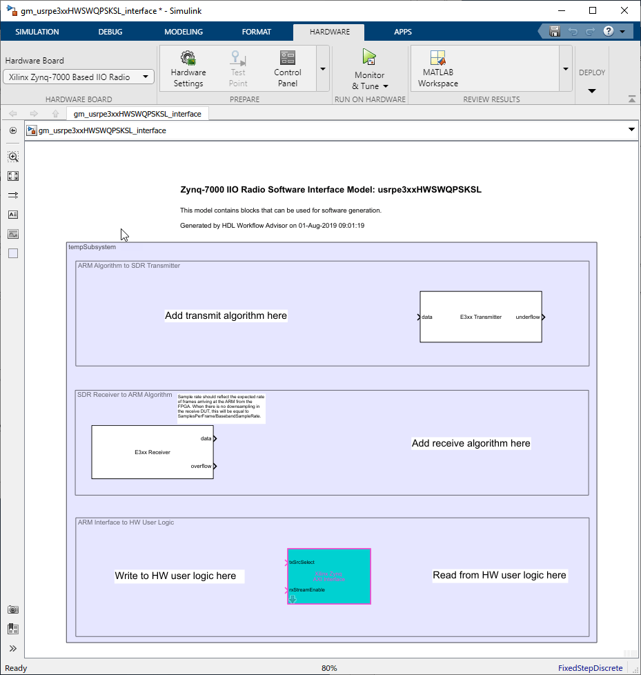 Simulink window with software interface model from QPSK example