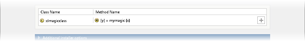 Library Compiler Class Name section with class name xlmagicclass for the method mymagic