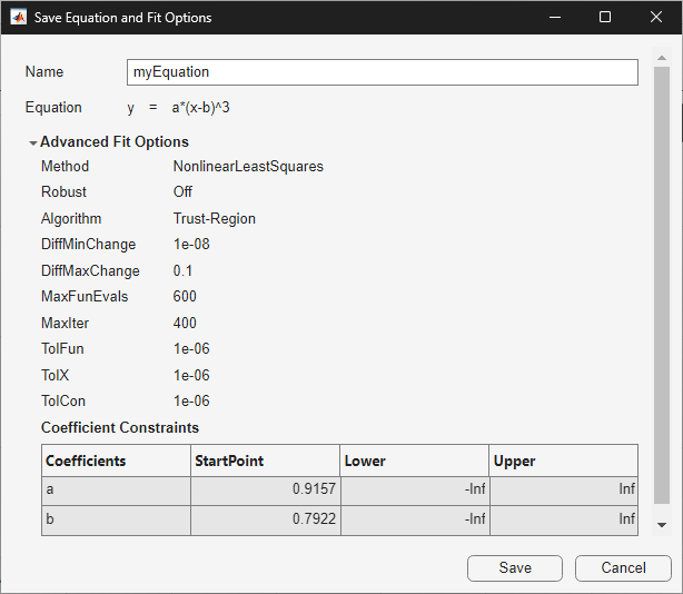 Curve Fitter save custom equation dialog