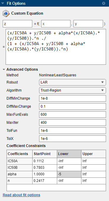 Modified advanced options for the custom equation fit