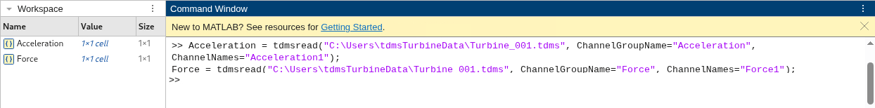 Import Tool showing generated code in command line and imported data in workspace