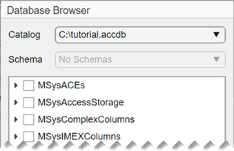 Database Browser shows the C:\tutorial.accdb catalog and its contents.