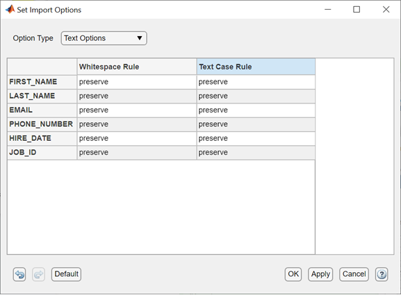 Set Import Options dialog box with Text Options selected