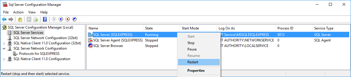 Sql Server Configuration Manager dialog box with the selected SQL Server (SQLEXPRESS) service and the Restart option selected in the context menu