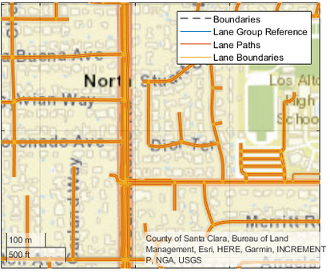 LaneGeometryPolyline plot with boundaries, lane group reference, lane paths, and lane boundaries