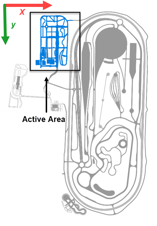 Top-down view of ZalaZONE Automotive Proving Ground environment with the Smart City active area highlighted.