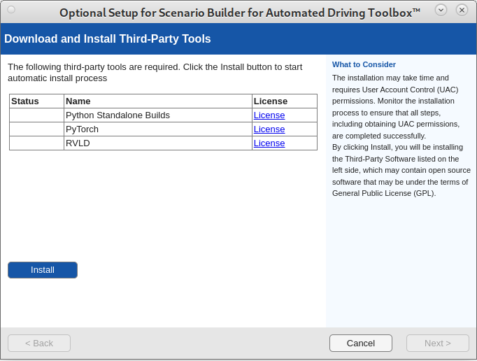 Interface to download and install third-party software including AI models using scenario builder optional setup