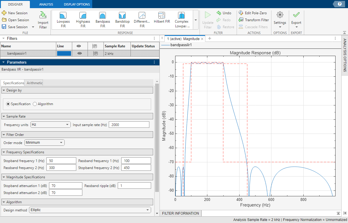 Bandpass IIR filter design using Filter Designer app