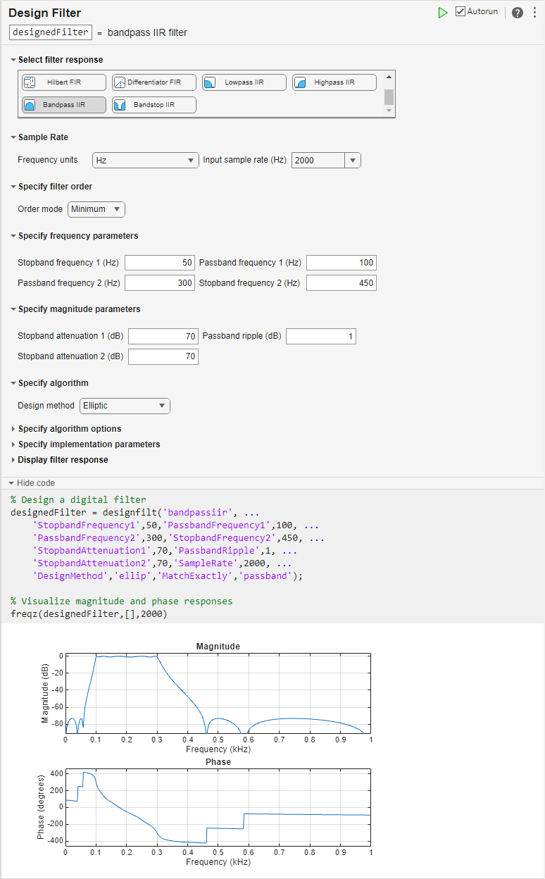 Bandpass IIR filter design using Live Editor task