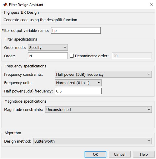 Filter Design Assistant dialog for highpass IIR design