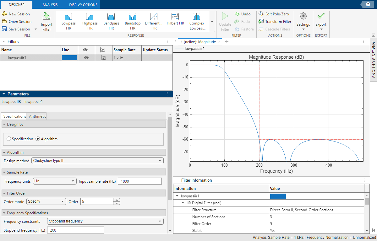 Chebyshev lowpass filter design and visualization using Filter Designer app